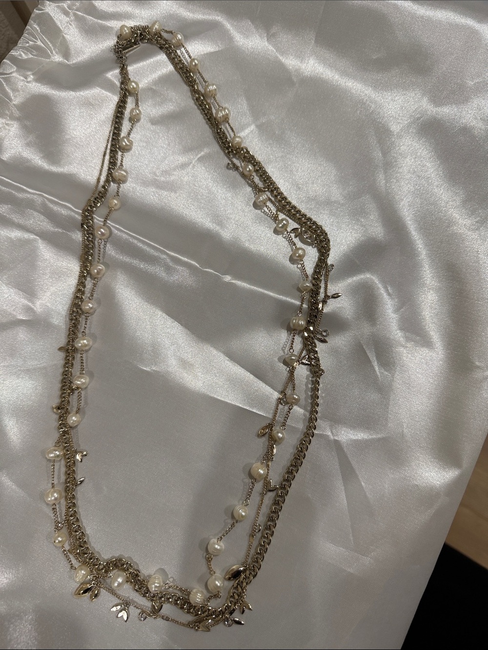 White House Black Market  Pearl and Gold -Tone 3 Layered Necklace 17" 3"ext